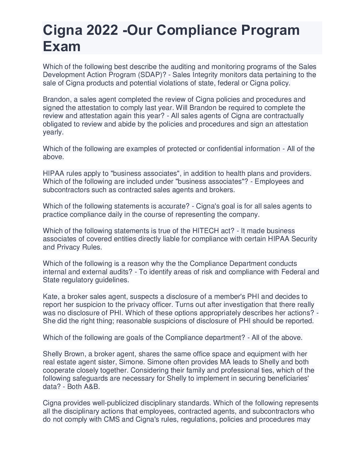 Preview image for Cigna 2022 -Our Compliance Program Exam